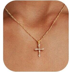 14K Gold Plated Figaro Chain Cross Necklace with Clear Gems Faith Baptism Gift